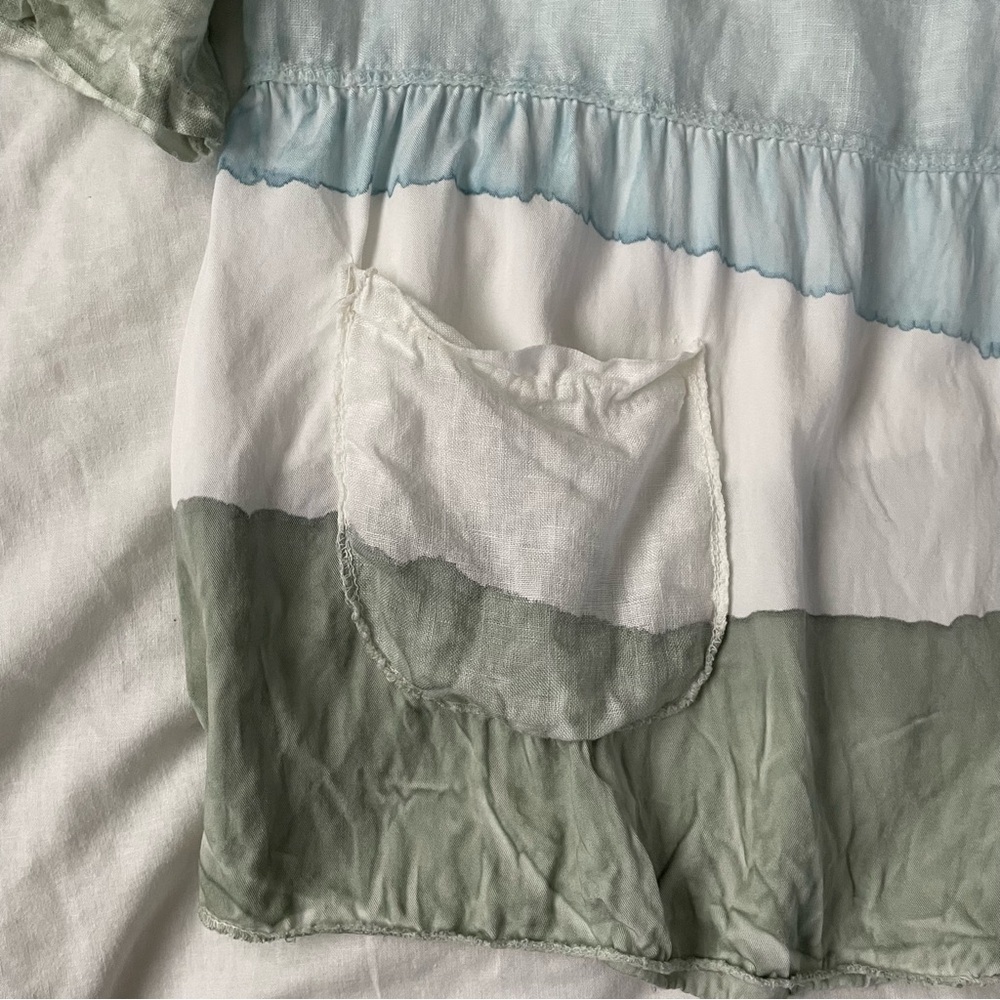 belle france LARGE short sleeve Blue green 100% linen tie dye blouse top Italy - Picture 4 of 8